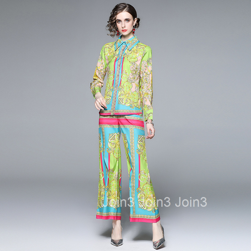 1017 runway style printed lapel long sleeved shirt high waist wide leg pants stylish set