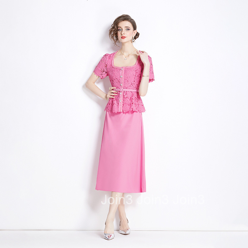 6898 Summer New Womens Fashion Elegant Pink Hollow Lace Patchwork Fake Two-Piece Short Sleeve Long Dress