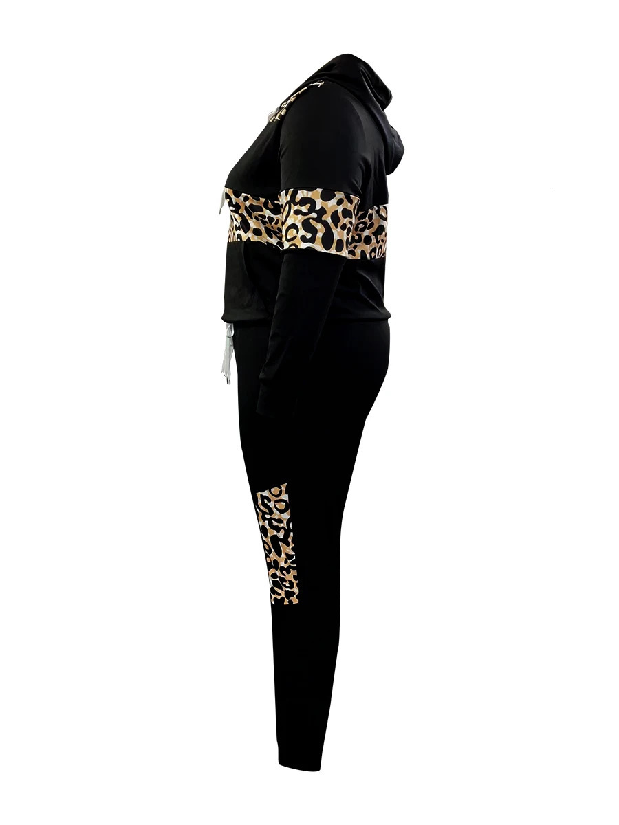 LW Plus Size Hooded Collar Leopard Print Tracksuit Set Drawstring Long Sleeve Hoodie Pocket Pants Two-Pieces Set 250714