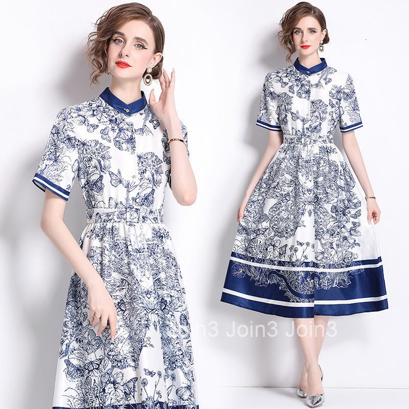 6061 Summer New Womens Fashion Pastoral Style Small Stand Collar Waist-Cinching Flared Printed Dress