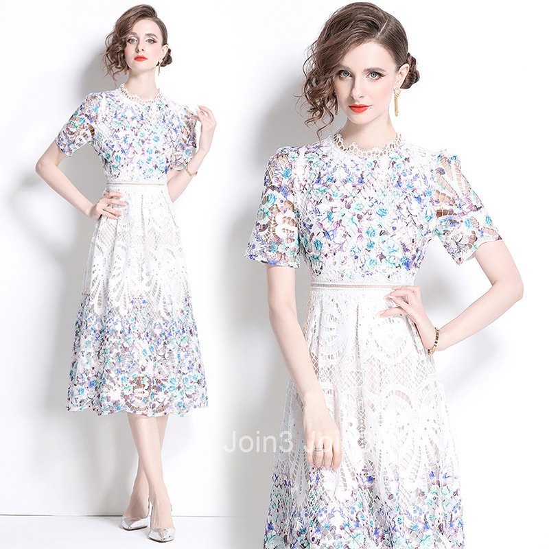 539 Summer New Womens Dress with Fashionable and Skinny Look Hollow out Water soluble Lace Printed Medium to Long Length Dress