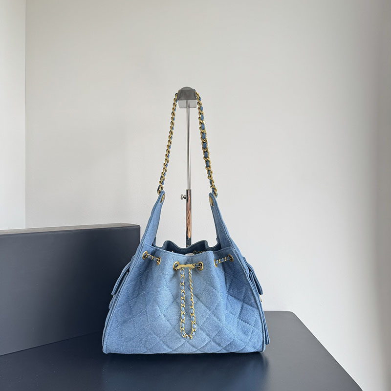 Designer bags shoulder bags underarm bags hippie underarm bags washed denim checkered classic chain strap leather drawstring closure