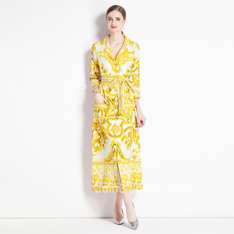 8701 Fashion Blue and White Porcelain Print Loose Pocket Mid-Sleeve Suit Collar Shirt Long Dress