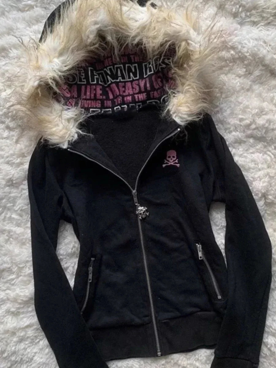 Y2K Black Fur Collar Zipper Sweatshirt Hoodie Sexy Women Harajuku Goth Letter Graphic Print Slim Coat Winter Clothes 250715