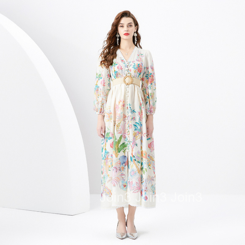 6272 Spring Summer New Womens Vacation Style V-Neck Lantern Sleeve Printed Flared Long Dress