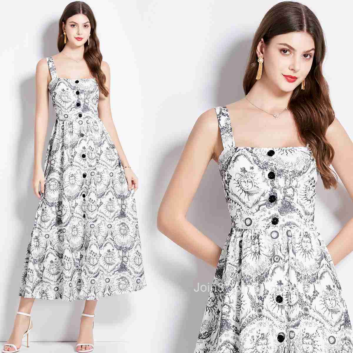 6856 Summer New Womens Fashion New Chinese Style Ink Painting Floral Strap Single-Breasted Dress Long Dress
