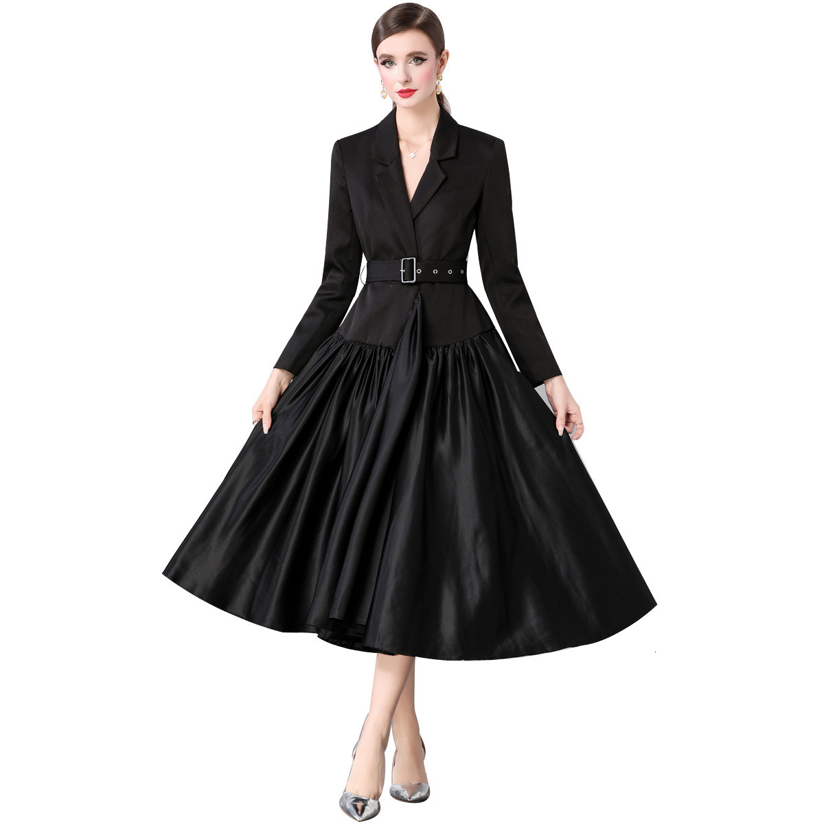 6886 Autumn New Womens Fashionable Suit Collar Long Sleeve Dress Stylish Patchwork Flared Long Dress