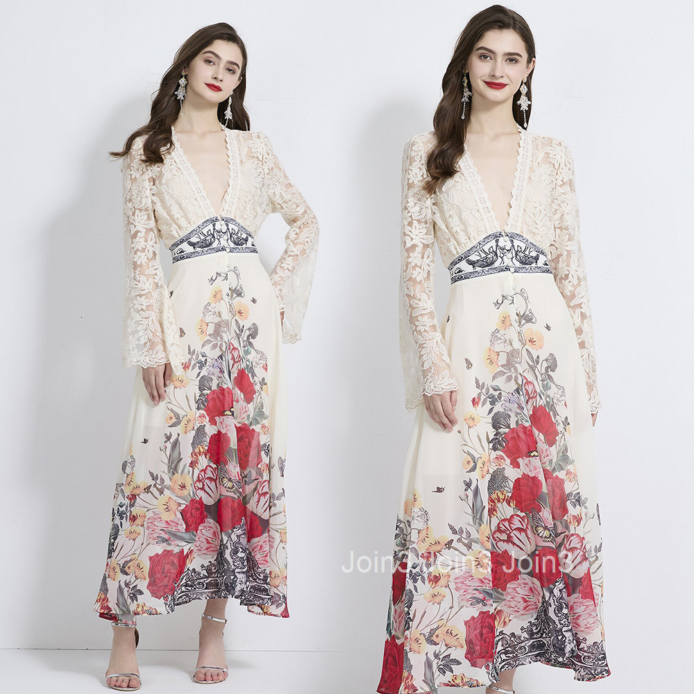 2115 Autumn New Womens Vacation Style V-Neck Flared Sleeve Lace Patchwork Printed Dress Two-Piece Set
