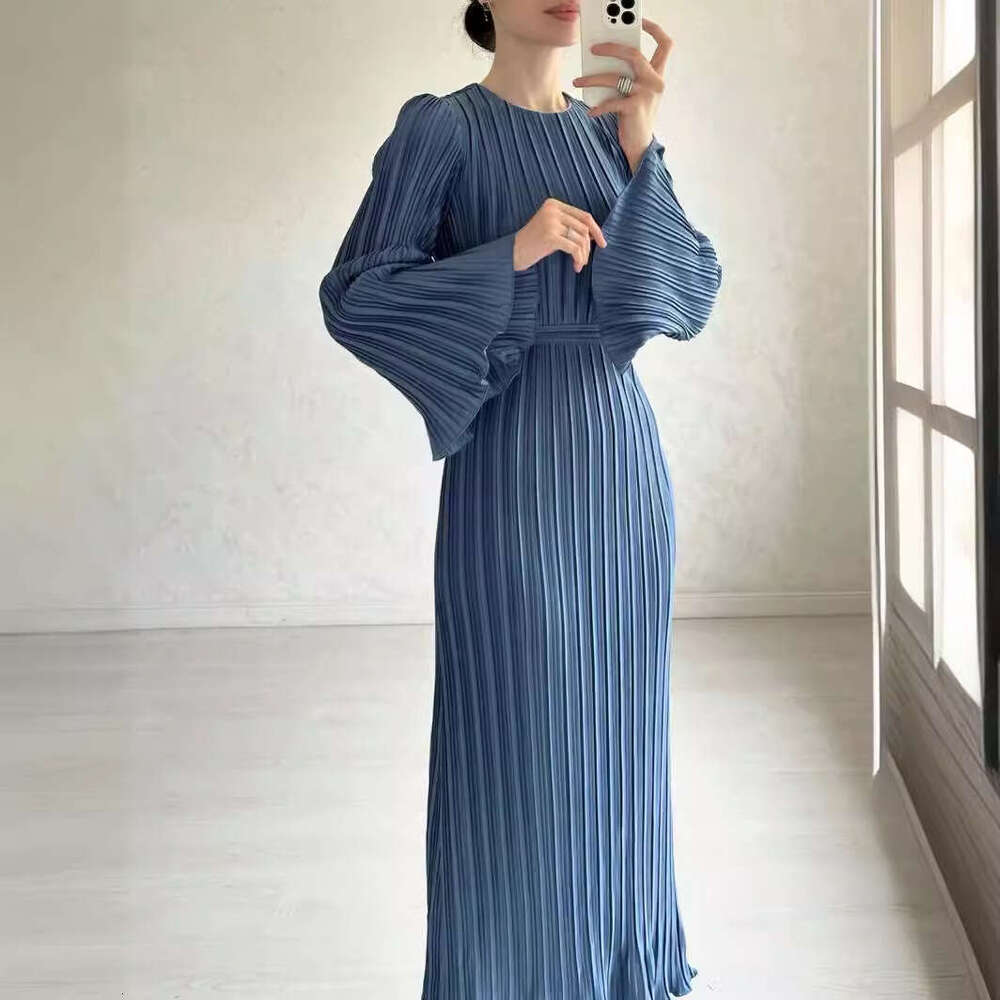 European and American Design Women's Fashion Autumn New Long Elegant Pleated Flared Sleeve Mid-Length Dress