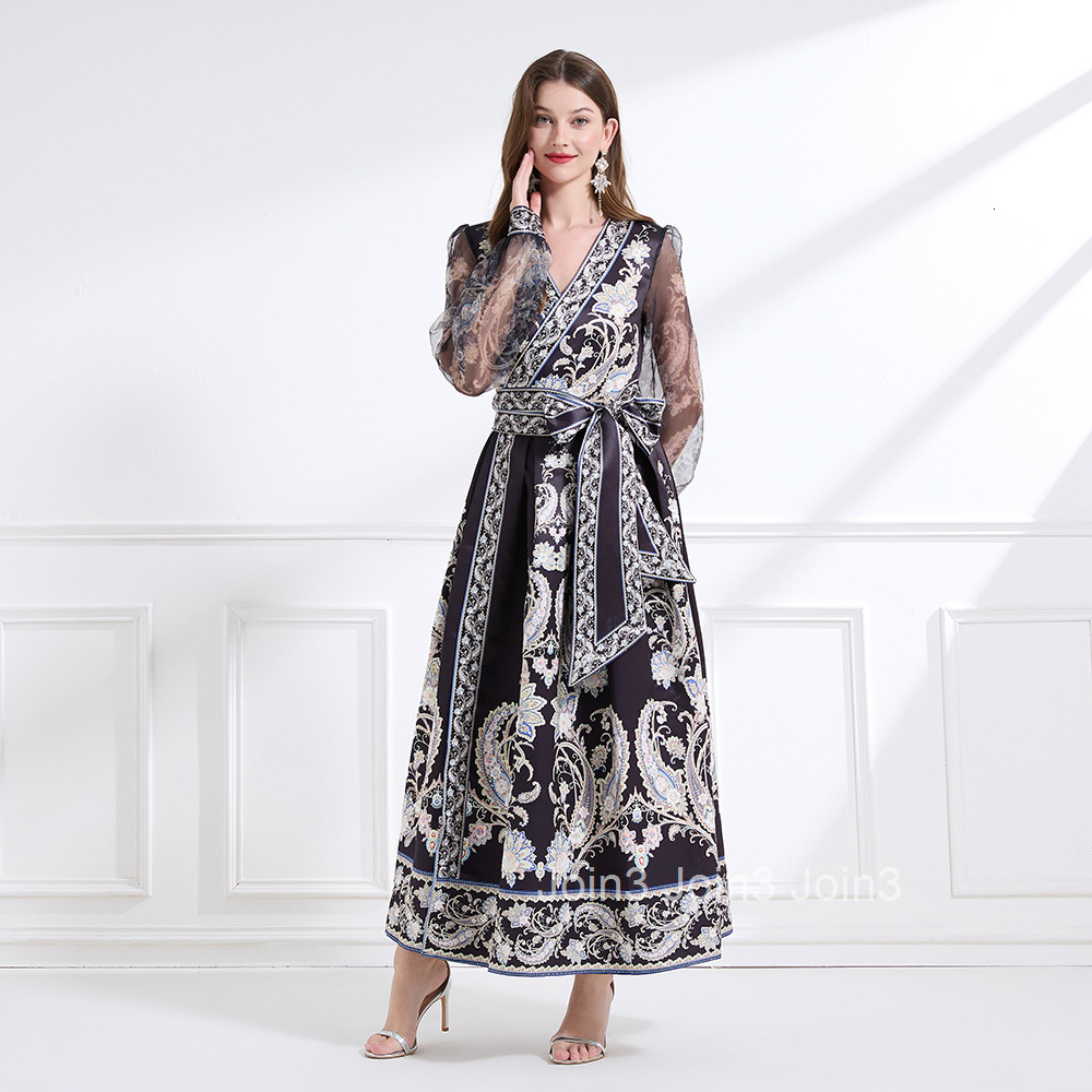 2179 Spring Holiday Style Tie Wrap Dress Lantern Sleeve Cross Neck Printed Flared Long Dress