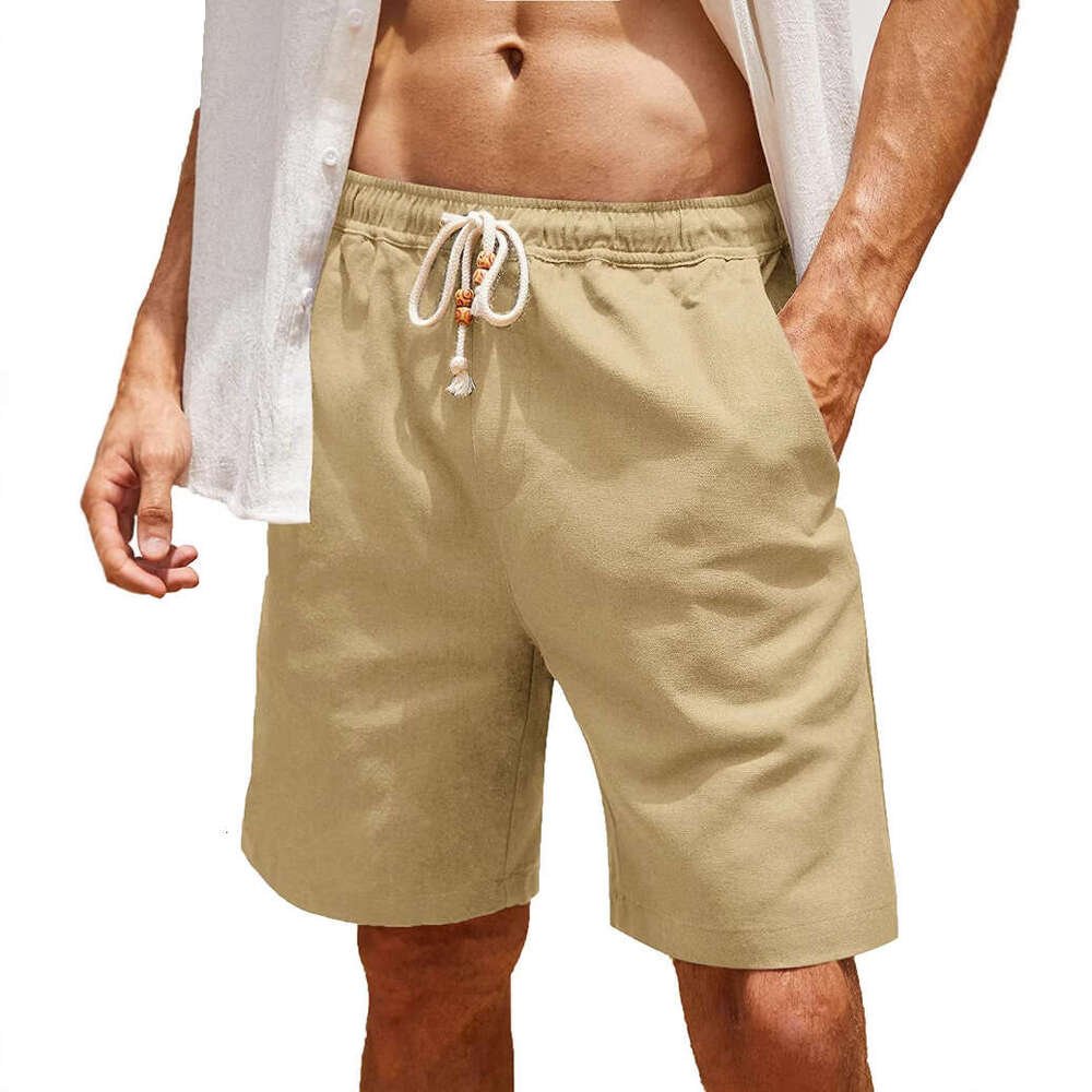 2023 Men's Cotton Linen Drawstring Plus Size Pocket Casual Shorts