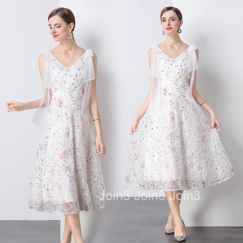 7127 Crystal Sequin Embroidered Fairy Dress Summer Collar High Waist Slim Long Dress