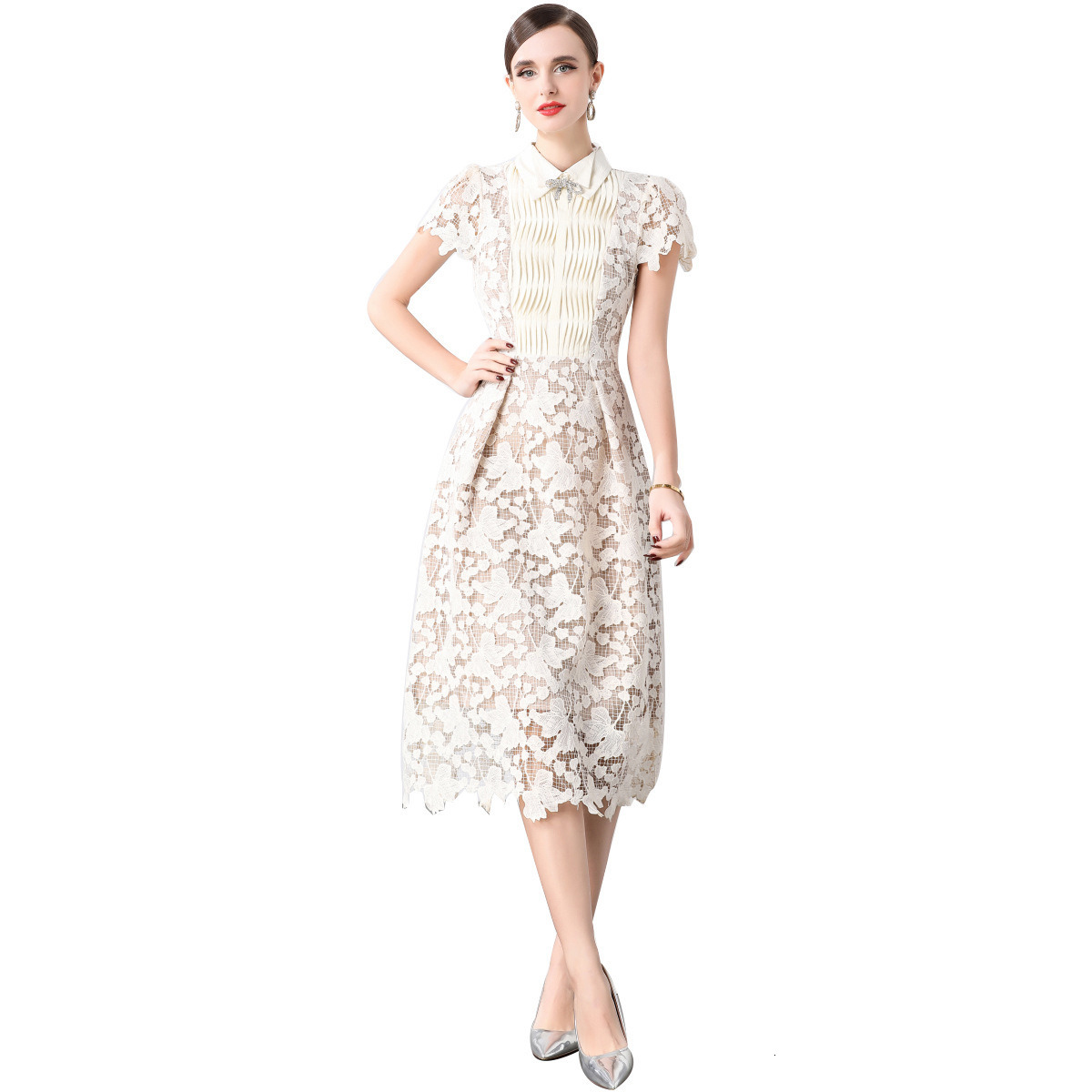 6903 Spring/Summer New Womens Three Dimensional Flower Medium to Long Bow Short Sleeve Slimming Lace Dress