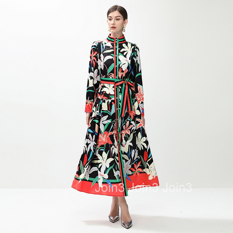 6091 Fashion Elegance Style Stand Collar Single-Breasted Printed Dress