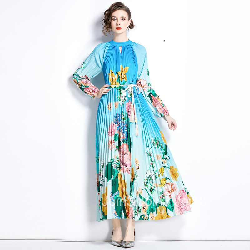 8586 Autumn New Womens Fashion Printed Lantern Sleeve Pleated Tassel Belt Flared Long Dress