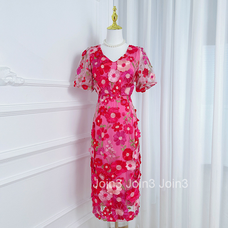 607 Heavy Embroidery Colorful Handmade Floral Collar Slit Bodycon Dress