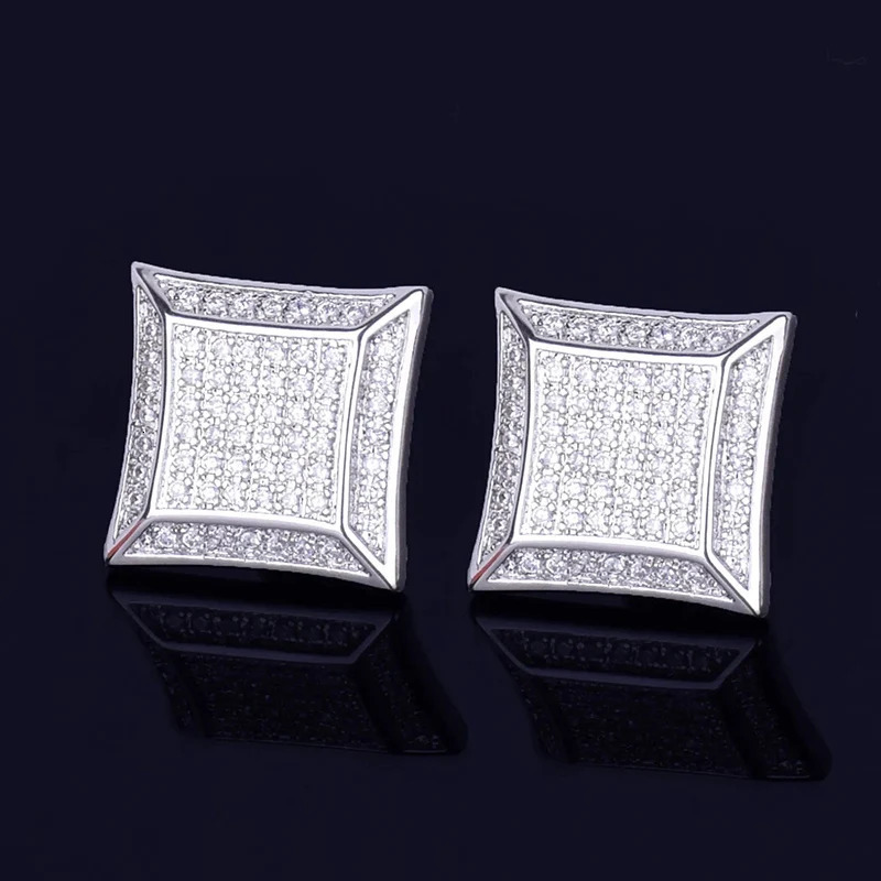Hip Hop 5CZ Stone Bling Ice Out 15mm Geometric Square Stud Earrings for Men Rapper Jewelry Gold Silver Color Drop 250715