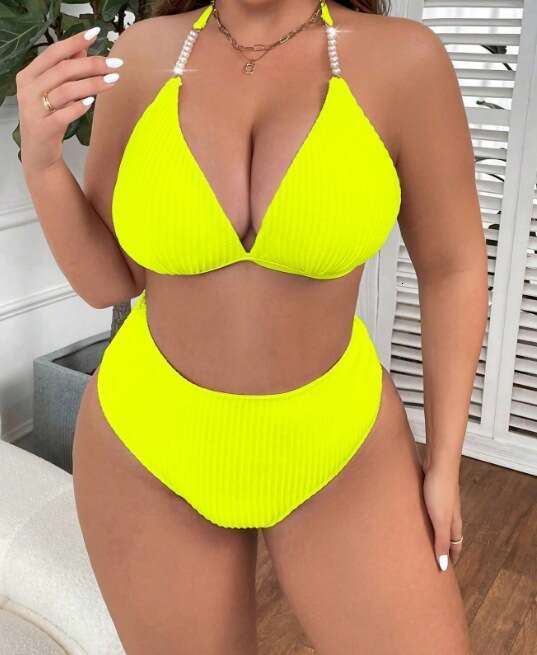 2025 New Style Spaghetti Strap Backless Plus Size Swimsuit Women Solid Color High Waist Sexy Bikini Two-Piece Swimwear