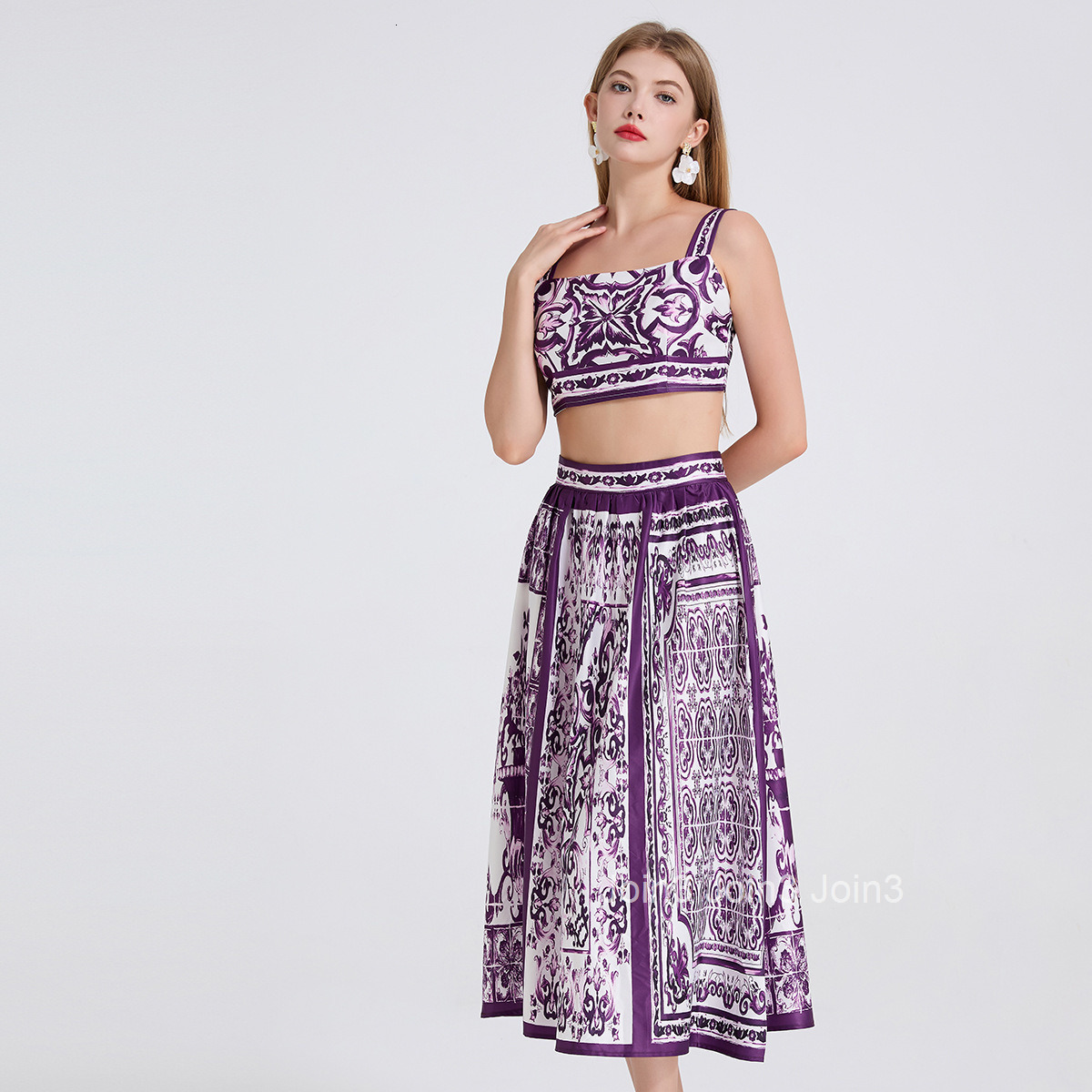 838 Style Blue and White Porcelain Print Camisole + High Waist Skirt Two-Piece Set