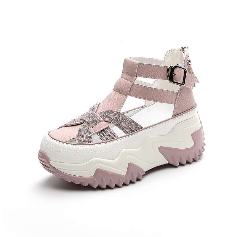 Women's Hidden Heel Sandals 2025 Summer Hollow Out Rhinestone Roman Sole Platform Versatile Closed-Toe Sports White Shoes