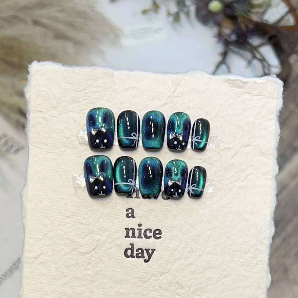 10Pcs Green Cat Eye False Snake Pattern Fake Nails Removable Square Head Short Art Press on Acrylic Nail Tips Fashion X250720 X250720