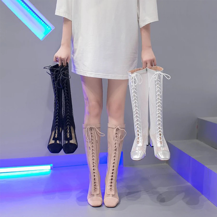 Summer Roman Lace Up Shoes Women Sandals Sexy Mesh Cut-Outs Pointed Toe High Heels Woman Black Kid Suede Ladies Long Short Boots 250714