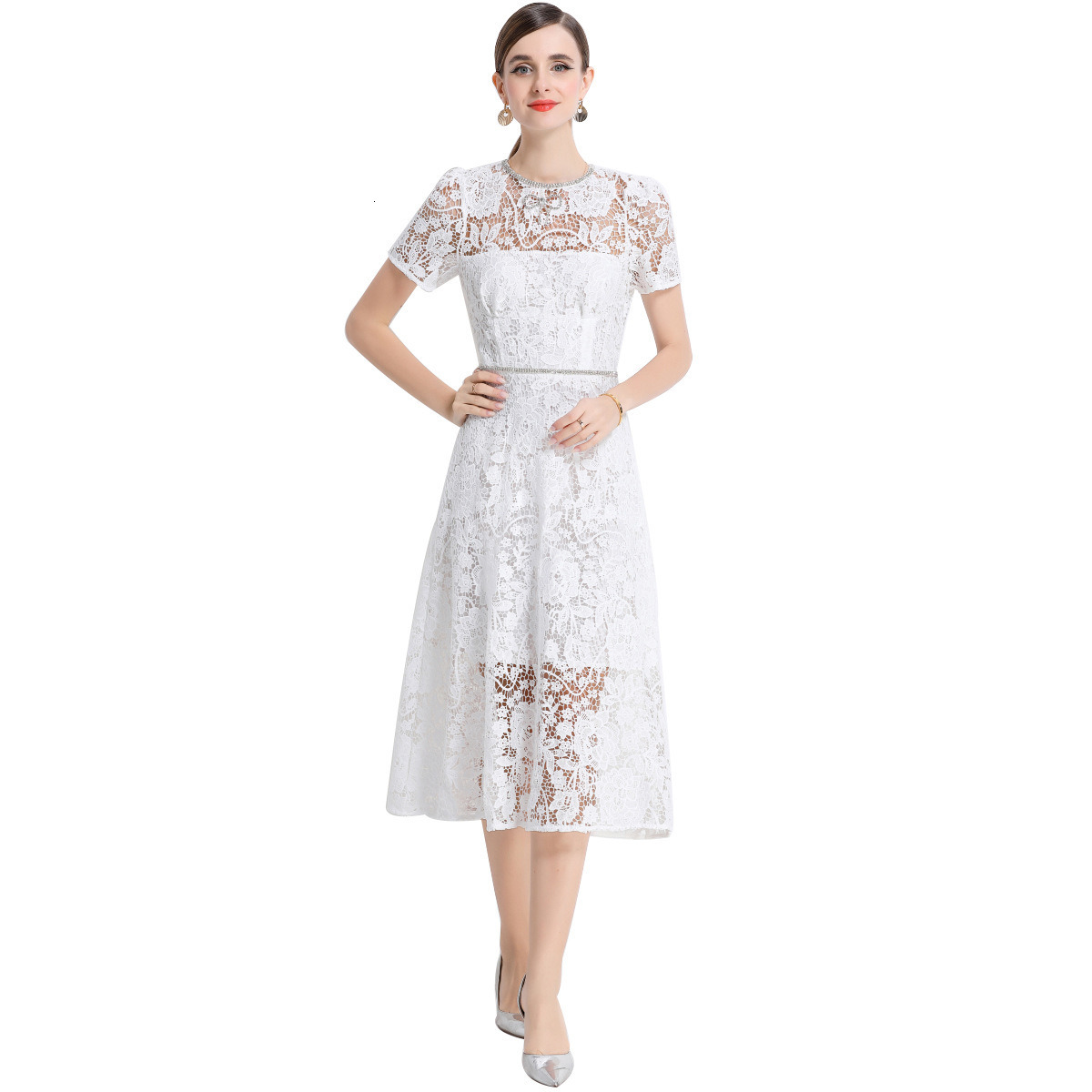 9631 Elegant Mesh Embroidered Dress Mid-Length Waist-Cinching Slimming Dress