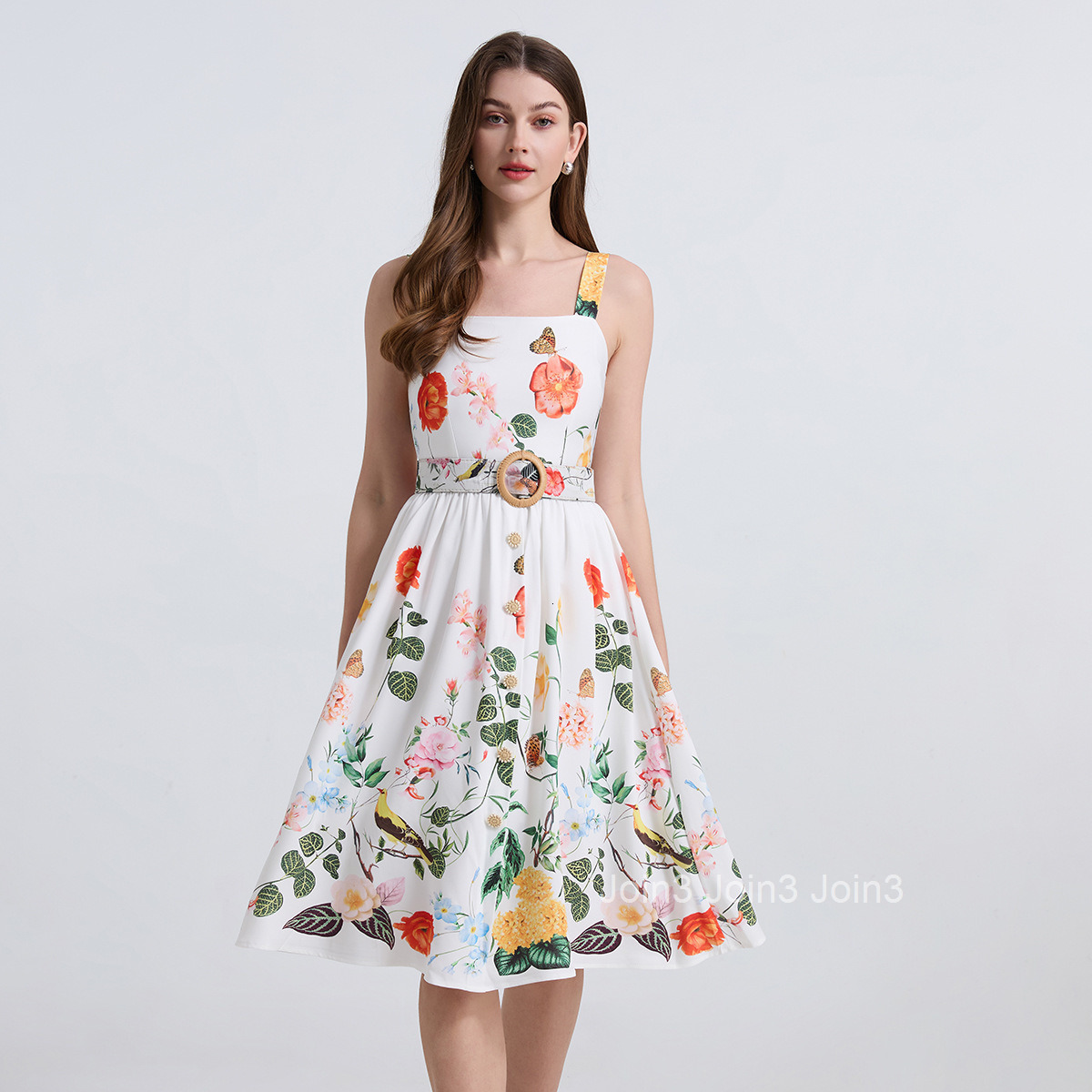 751 Summer Vacation Printed Sleeveless Strap Dress Woven Button Slim Fit Tank Dress