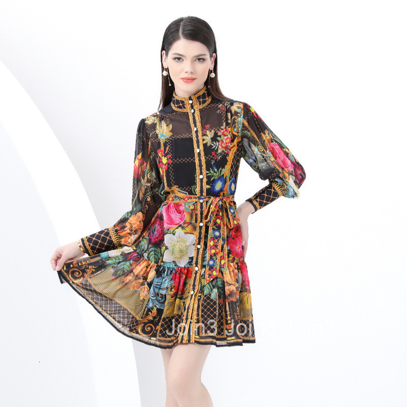 6076 Early Spring Deep Stand Collar Lantern Sleeve Wave Hem Wide Hem Painted Print Long Dress Two-Piece Set