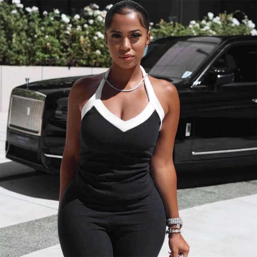 Summer Cross-Border European and American New Fashion Elastic Color-Block Halter Design Tank Top Tight Mid-Length Pants Set for Women