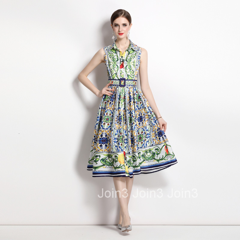 2299 summer new womens printed slimming and waist cinching temperament sleeveless large swing mid length dress