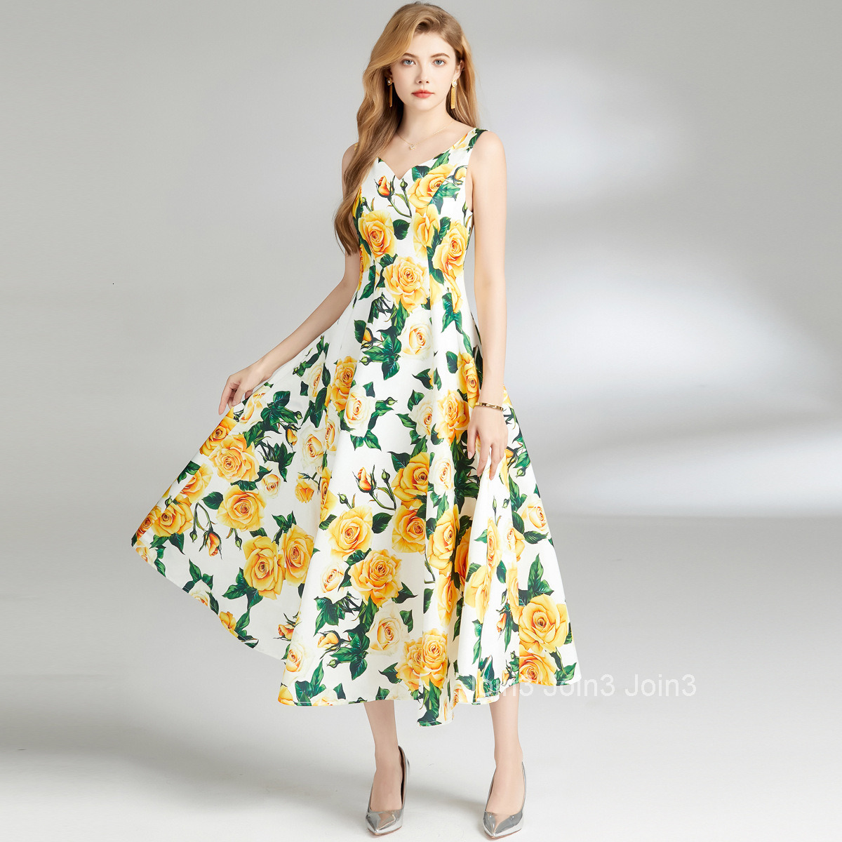 6832 Summer New Womens Fashion Elegant Printed V-neck Waist-cinching Slimming Sleeveless A-line Dress Flared Long Dress