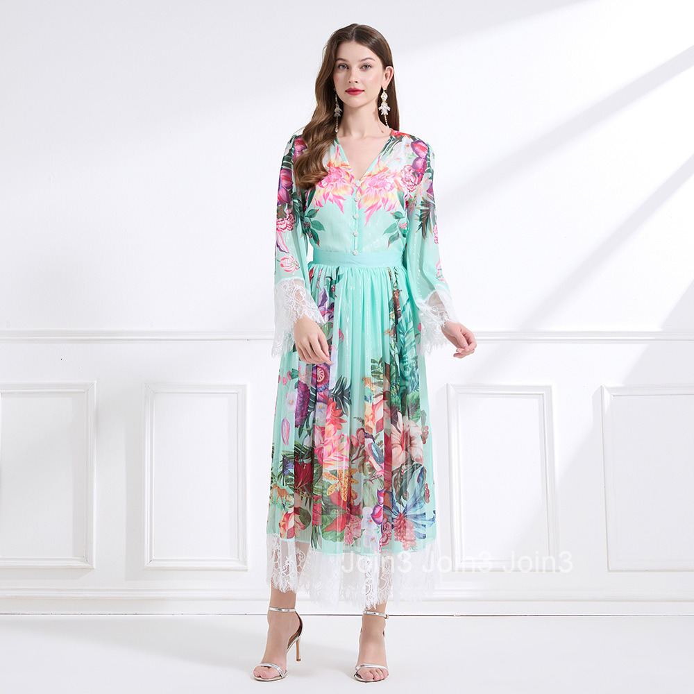 2192 Spring New Womens Vacation Style V-Neck Lace Print Top Waist-Cinching Long Skirt - Three-Piece Set