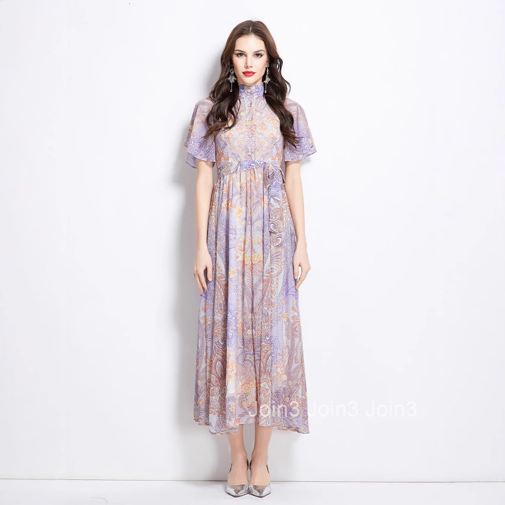 2656 Spring Summer New Small Flutter Sleeve Ruffled Floral Colorful Waist-Cinching Stand Collar Dress
