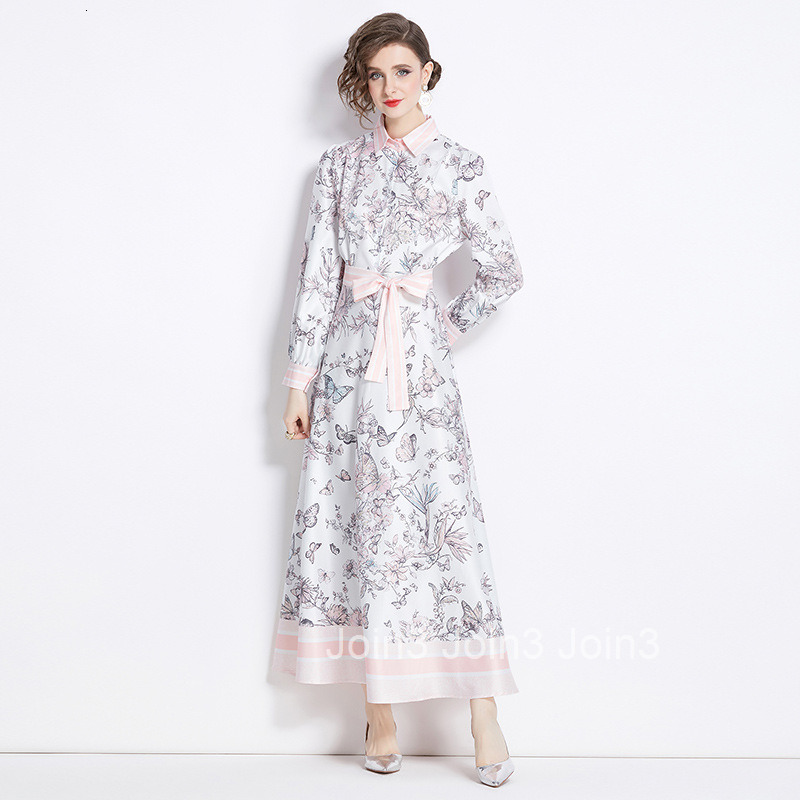 3936 Summer New Womens Fashion Printed Turn-Down Collar Long Sleeve Long Dress with Belt