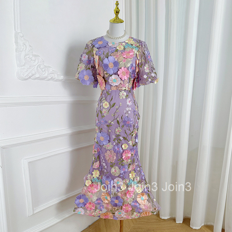 597 Heavy Craft Handmade Three-Dimensional Colorful Embroidery Puff Sleeve Bodycon Elegant Mermaid Dress