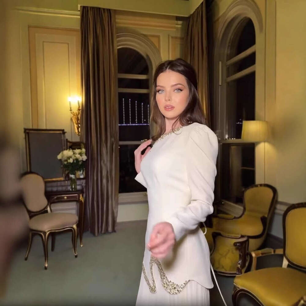 2025 Spring European and American Cross-Border Independent Station Foreign Trade Flowing Pure White Rhinestone Edge Elegant Long Dress Set