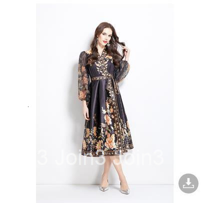 2724 Spring New Style Collar Ethnic Print Satin Wrap Long Dress