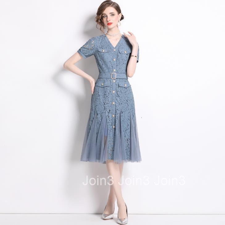6867 Summer New Womens Fashion Large Hem Dress Lace Patchwork Mesh Waist Cinching Single-Breasted V-Neck Dress