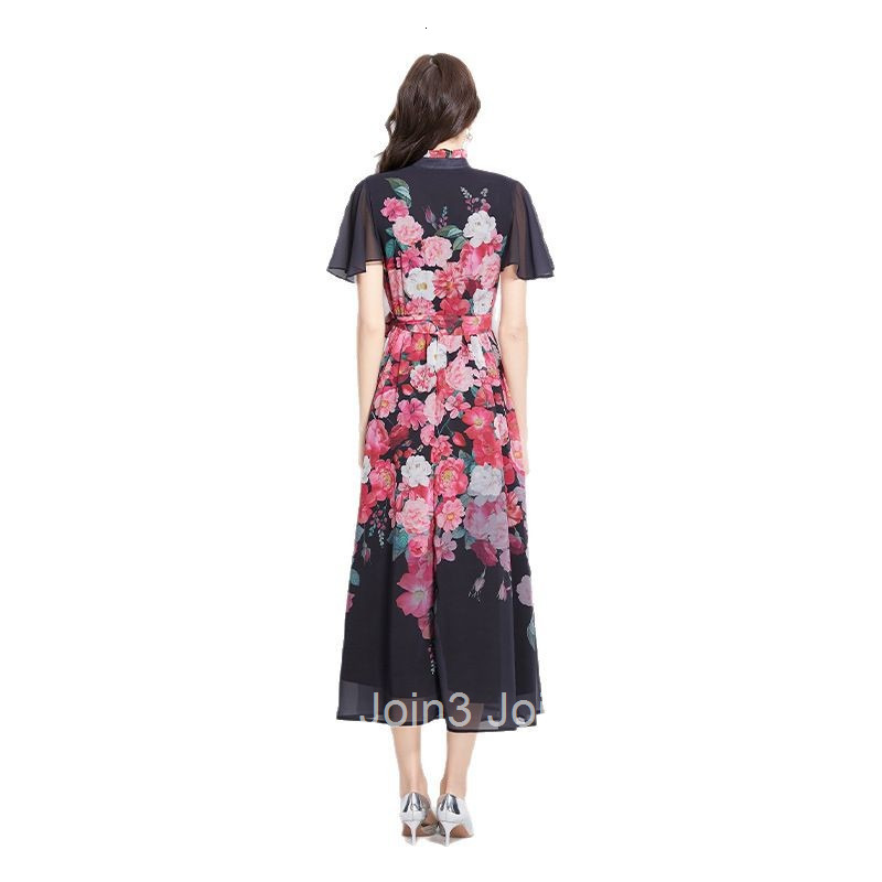 2723 Spring/Summer New Small Flutter Sleeve Ruffle Floral Color Waist-Cinching Stand Collar Dress