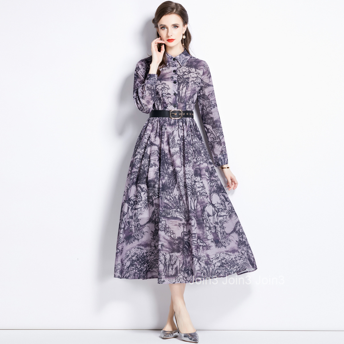 1605 Autumn New Womens Polo Neck Print Waist Wrap Long Dress (with Belt)