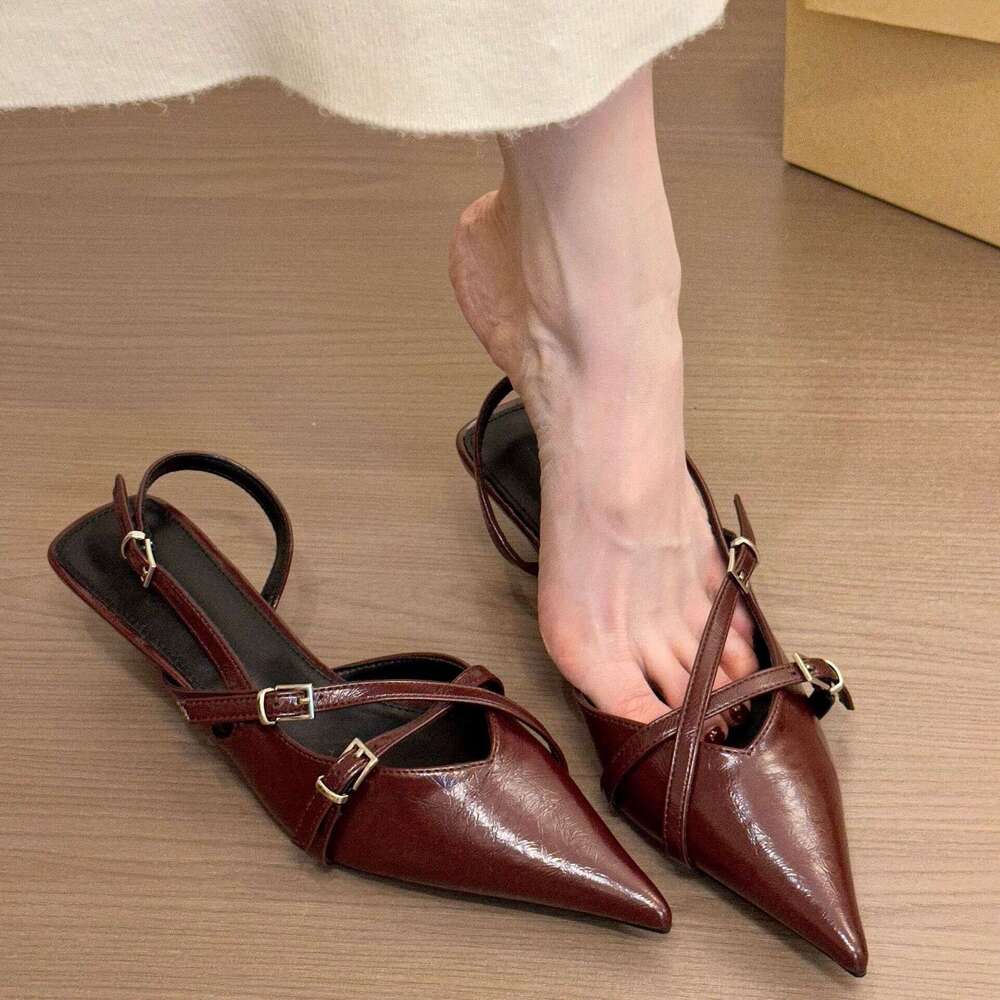 One Second Exquisite Fashion Buckle One-Strap Pointed Toe Open Back Sandals for Women Spring 2025 Commuter Thin Heel Single Shoes