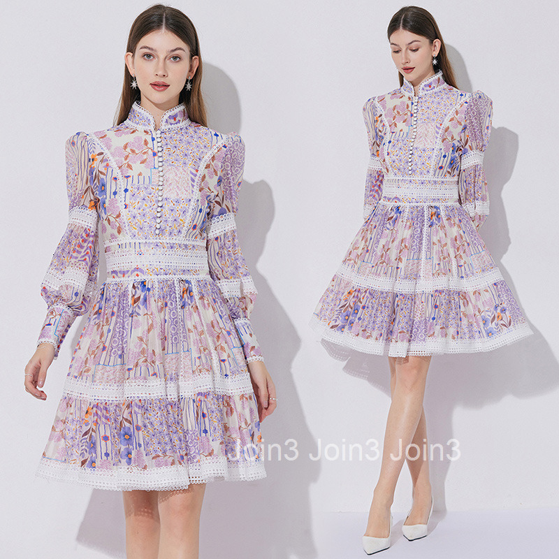 5155 French Elegant Lace Patchwork Printed Waist-Cinching Lantern Sleeve Dress