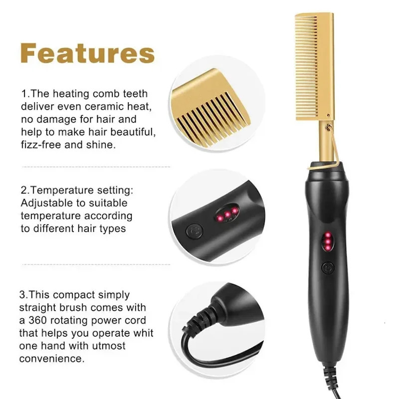 3 IN 1 Comb Electric Hair Straightener Comb Copper Metal Hair Comb Home Beauty Salon DIY Fast Heating Curling Iron Copper 250717
