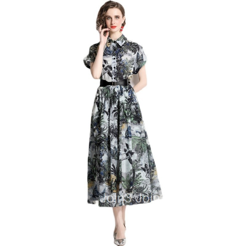 1875 Summer New Womens Fashion Turn-down Collar Short Sleeve Waist-cinching Printed Long Dress with Belt