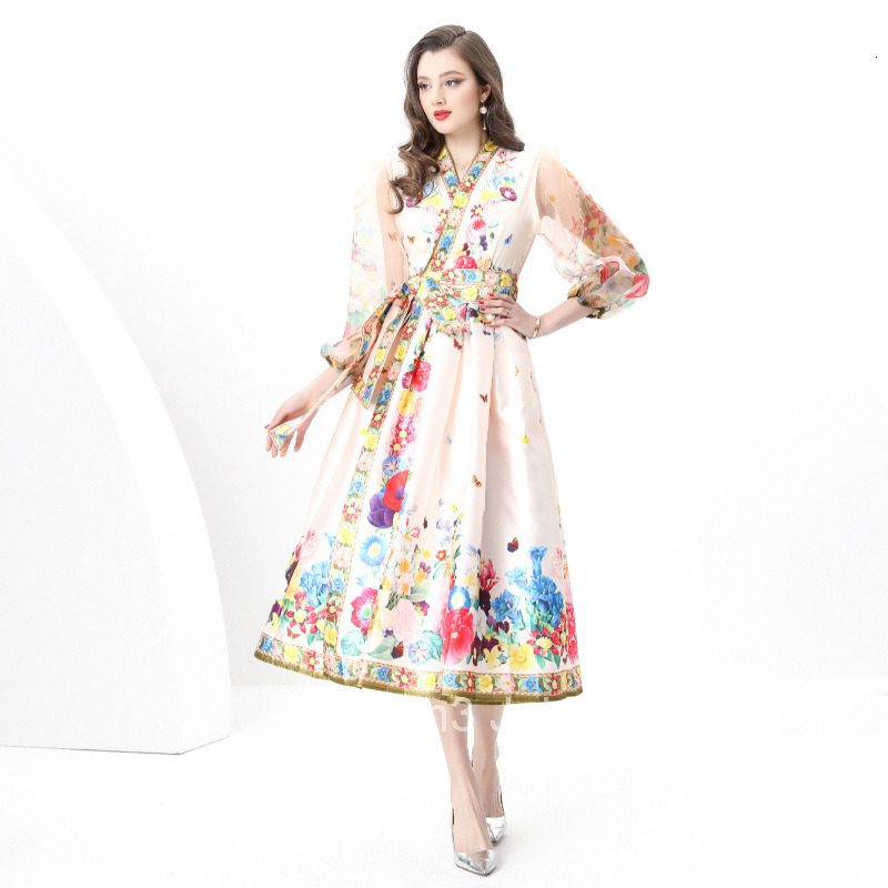 6095 Early Spring New Womens Vacation Wrap Tie V-neck Lantern Sleeve Long Dress Printed Dress