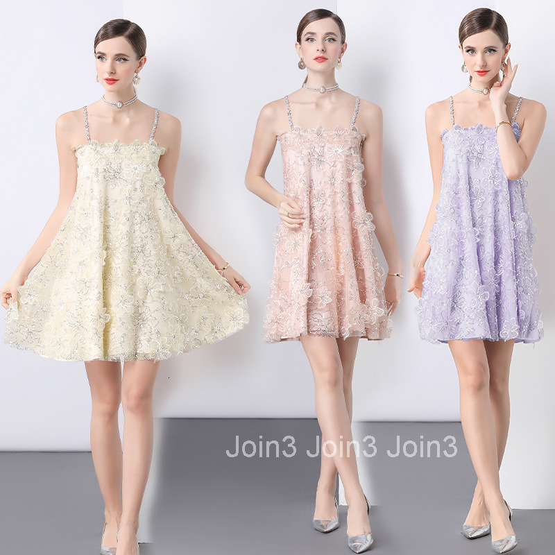7165 New Sequin 3D Flower Strap Dress for Women Summer Elegant Loose Princess Dress
