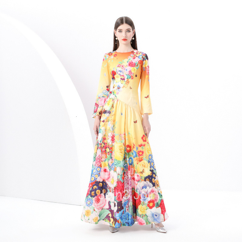 6190 early spring new womens clothing temperament round neck long sleeved painted printed large swing long skirt dress