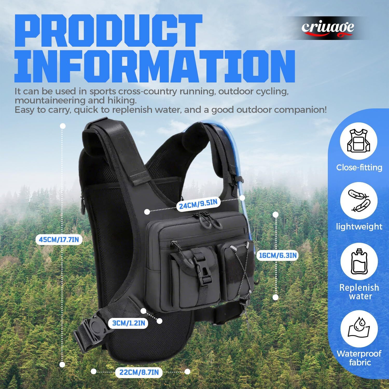YMX 636 Criuage USA Original Patt Hydration Vest Backpack, Lightweight Chest Pack with 2.0L Water Bladder Bag Daypack Hiking Running Cycling Race Mara
