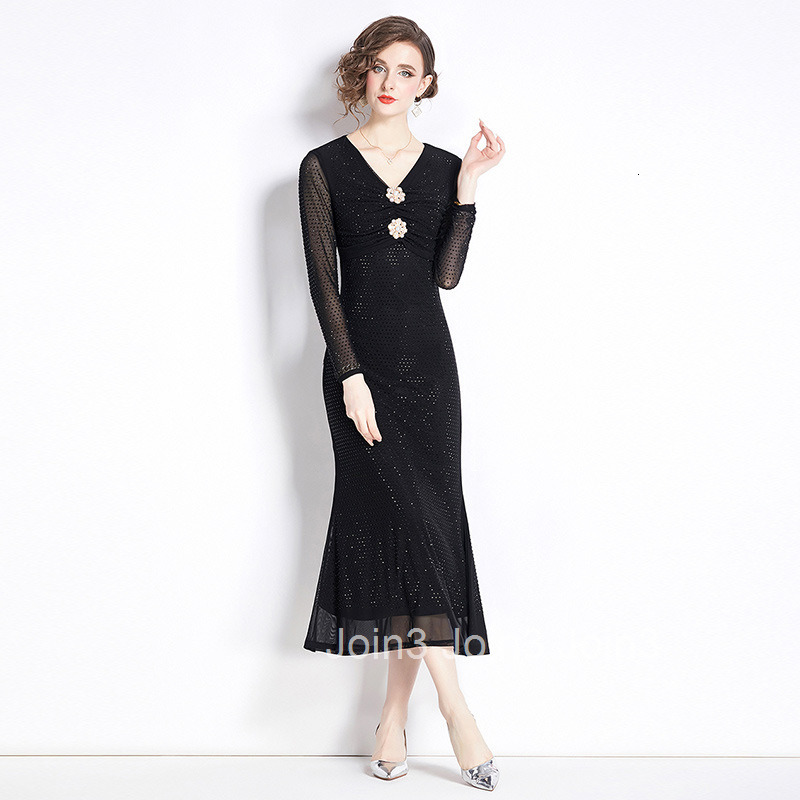 6002 New Style Rhinestone Mesh Elegant Three-Dimensional Flower V-Neck Waist-Cinching Slimming Elegant Long Dress